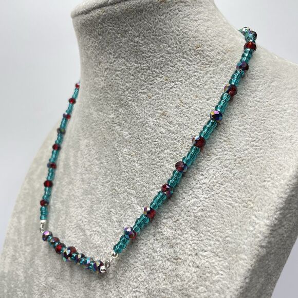 Stunning Red AB Crystal Teal Blue Glass Seed Bead Bar Necklace Earrings Set - Picture 6 of 9